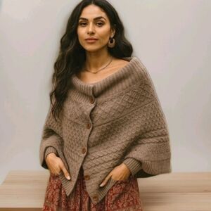 Anthropologie Sleeping on Snow Cardigan Cape Sweater Knit Button Up Tan Sz M